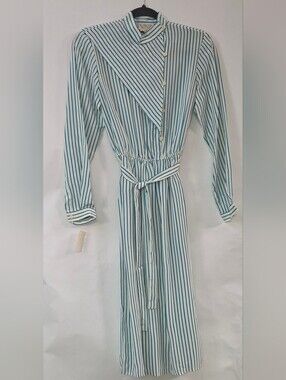 The Silk Farm Women's Long Sleeve White Dress with Teal Stripes Vintage (NOS)
